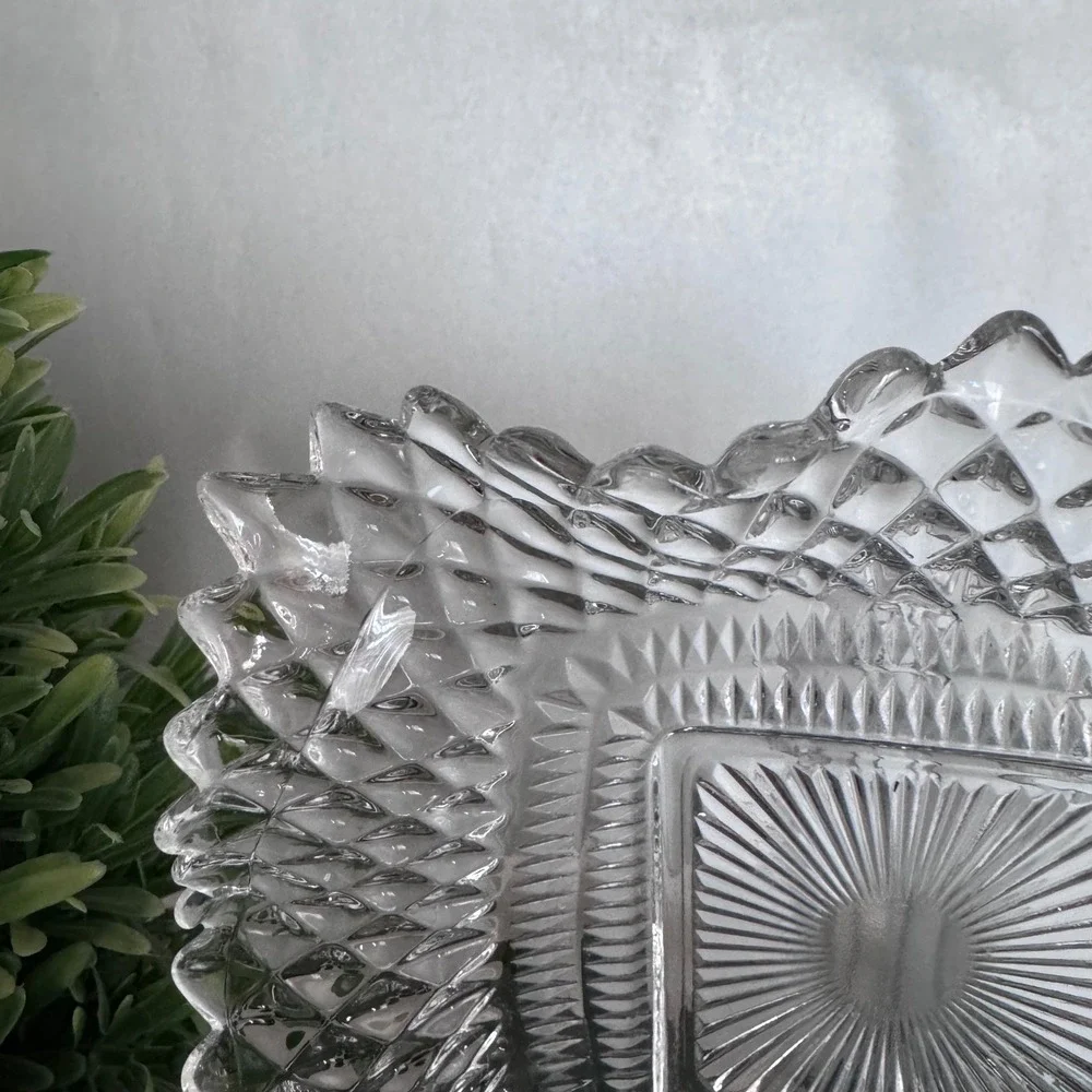 Vintage Clear Pressed Glass Ash Tray Diamond Point Sunburst Sawtooth Rim 7in